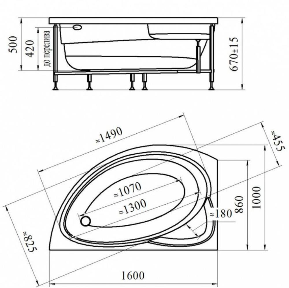 Акриловая ванна МОДЕРНА 160х100, фронтальная панель, каркас (левосторонняя)