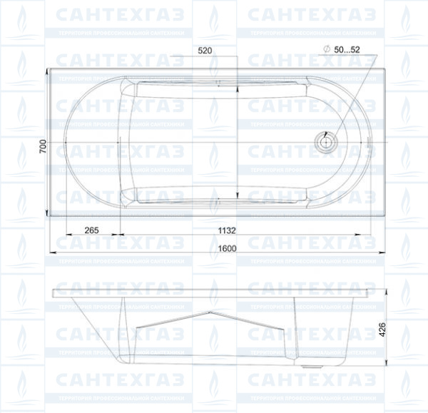Ванна акриловая КАСПИЙ 160x70, фронтальная панель, каркас + установочный комплект MIRSANT