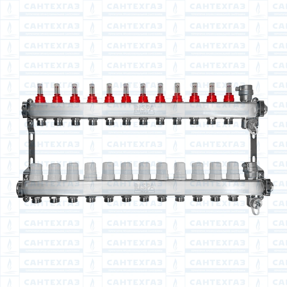 Коллект.группа 1"× 3/4" 12 вых.(нерж)(в сборе с расх.,автомат. воздухоотвод. и др.краном)RISPA к.4