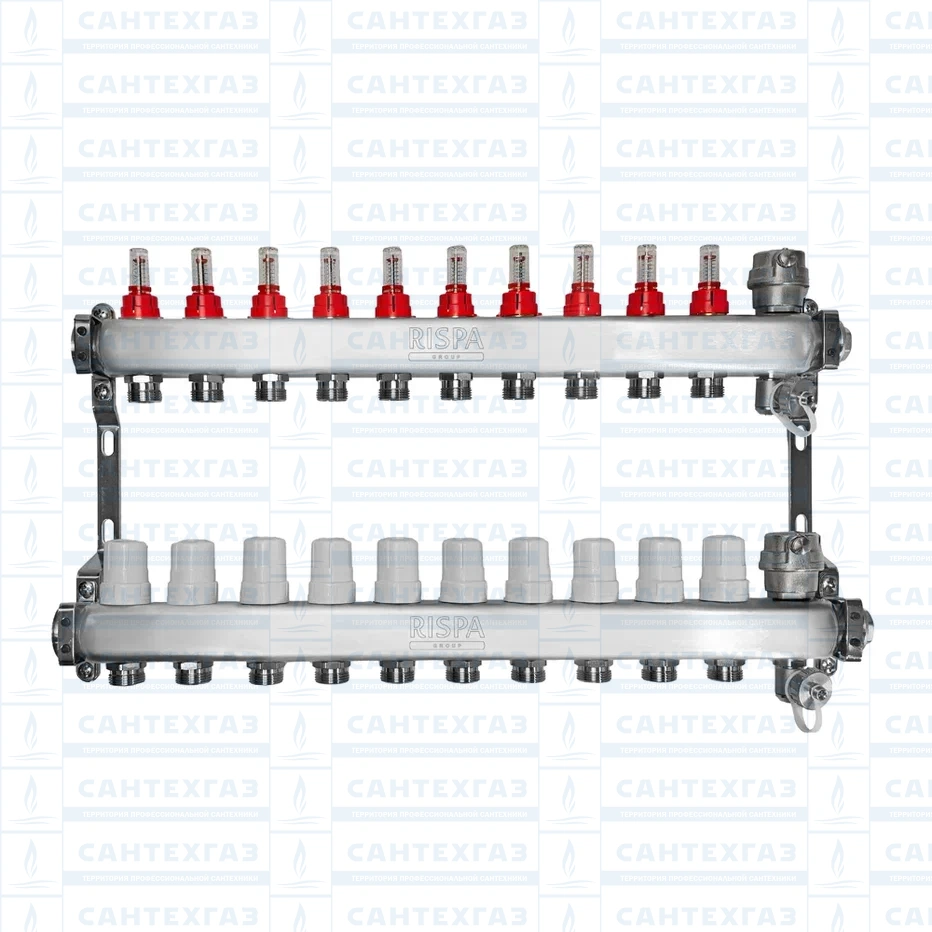 Коллект.группа 1"× 3/4" 10 вых.(нерж)(в сборе с расх.,автомат. воздухоотвод. и др.краном)"RISPA" к.4