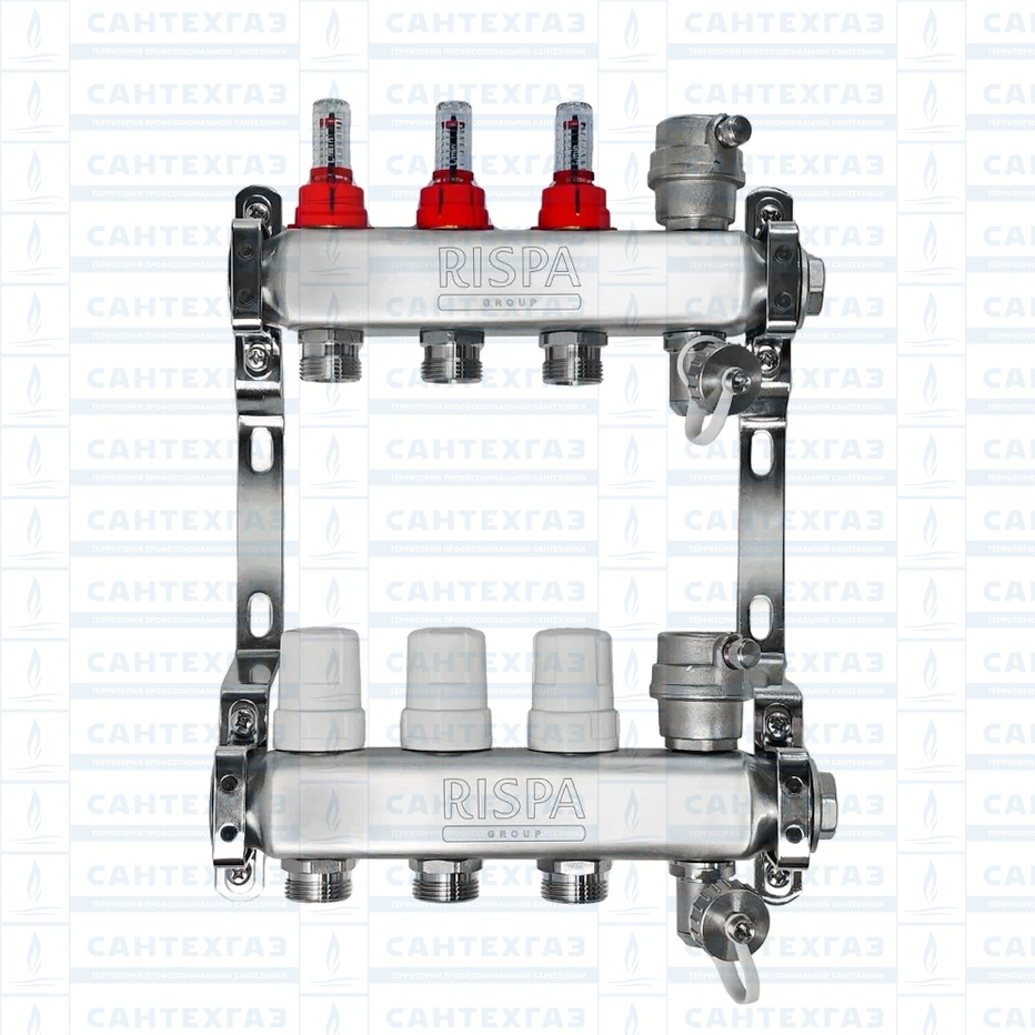 Коллект.группа 1"× 3/4" 3 вых. (нерж) (в сборе с расх.,автомат. воздухоотвод. и др.краном)RISPA к.5