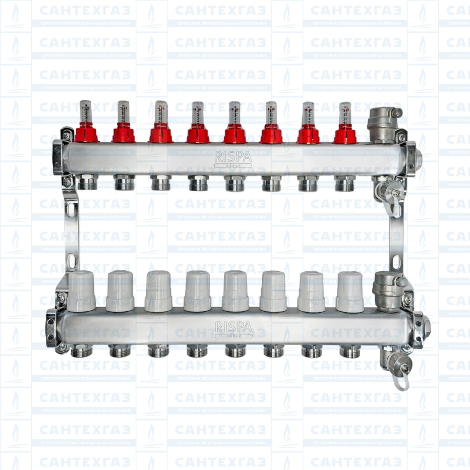 Коллект.группа 1"× 3/4" 8 вых. (нерж) (в сборе с расх.,автомат. воздухоотвод. и др.краном)RISPA к.5