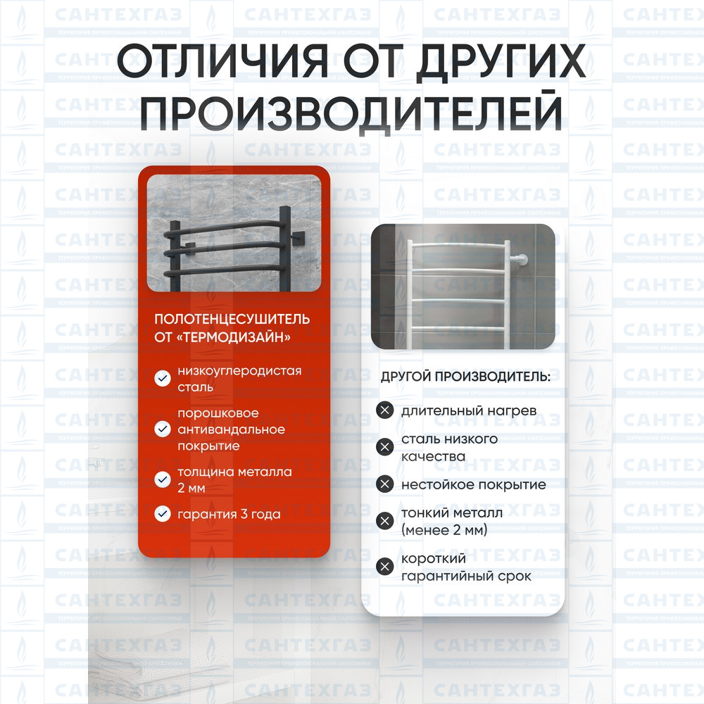 Полотенц. стальн. U Steel (лесенка) W=500,H=800 (12 перекладин) 1/2"в.р. черн.бархат ТЕРМО ДИЗАИН