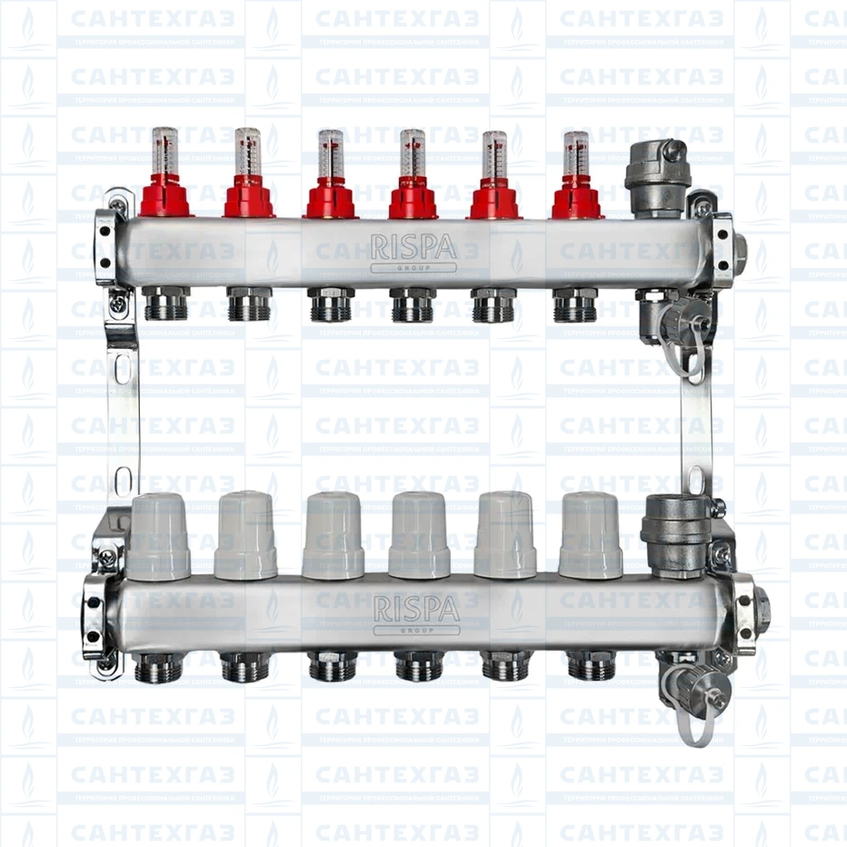 Коллект.группа 1"× 3/4" 6 вых. (нерж) (в сборе с расх.,автомат. воздухоотвод. и др.краном)RISPA к.5